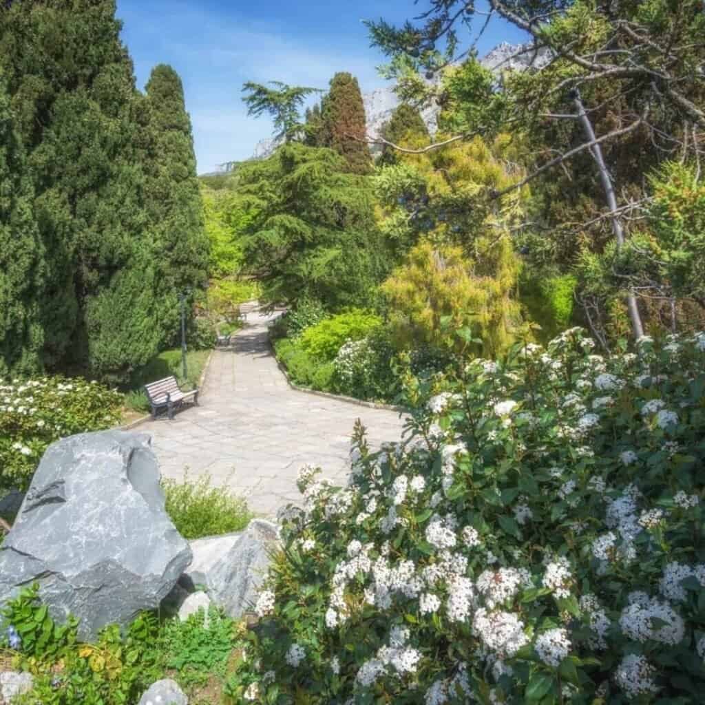 Beautiful landscaped garden with lush trees and flowering bushes.